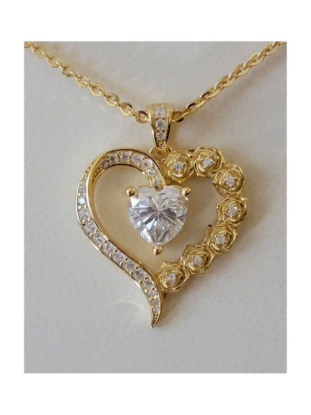 Beam & Bask 2ct Moissanite Heart Rose Necklace 18K Gold Plated NWT